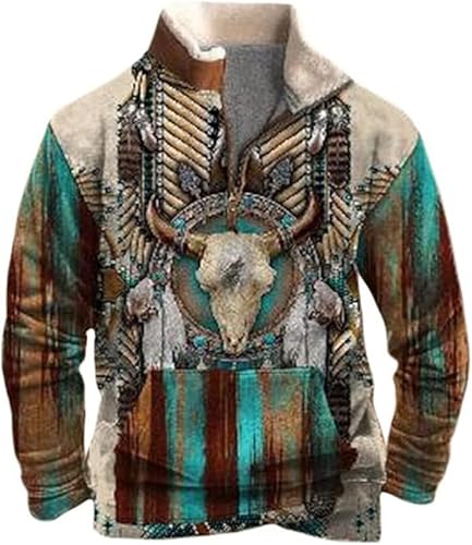 Herren Aztec Cowboy Western Quarter Zip Pullover Langarm Sweatshirt Vintage Oversized Pullover Top mit Stehkragen von oneforus