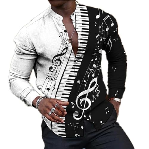 oneforus Herren Freizeithemd Musik-Serie Instrument gedruckt Stand Kragen Lange Ärmel Hemden Vintage Slim Fit Hemden Regular Button Down Bluse Top von oneforus