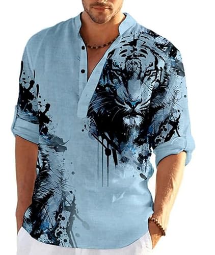 oneforus Herren Henley Hemd Casual Button Down Langarm Hemden Tiger 3D Print Muster Stehkragen Hemd Sommer Strand Urlaub Tops von oneforus