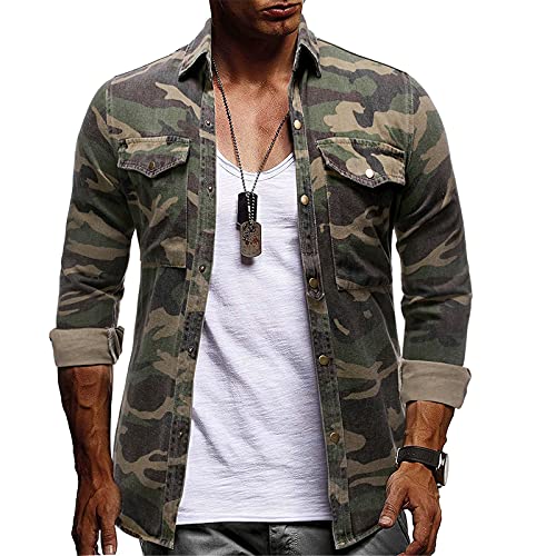 Herren Jeanshemd Vintage Camo Bedrucktes Hemd Lässiges Button Down Slim Fit Langarm Oberteil von oneforus