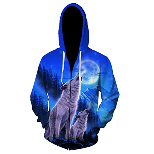 oneforus Herren Reißverschluss Sweatshirt 3D Print Tier Wolf Muster Reißverschluss Hoodies Lässige Langarm Strickjacke Jacke mit Taschen von oneforus