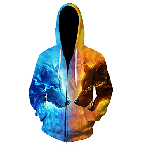 oneforus Herren Reißverschluss Sweatshirt 3D Print Tier Wolf Muster Reißverschluss Hoodies Lässige Langarm Strickjacke Jacke mit Taschen von oneforus