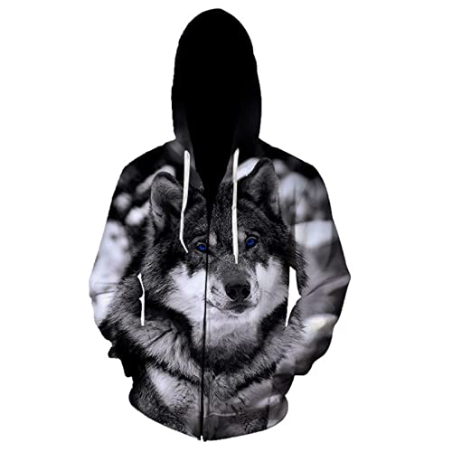oneforus Herren Reißverschluss Sweatshirt 3D Print Tier Wolf Muster Reißverschluss Hoodies Lässige Langarm Strickjacke Jacke mit Taschen von oneforus