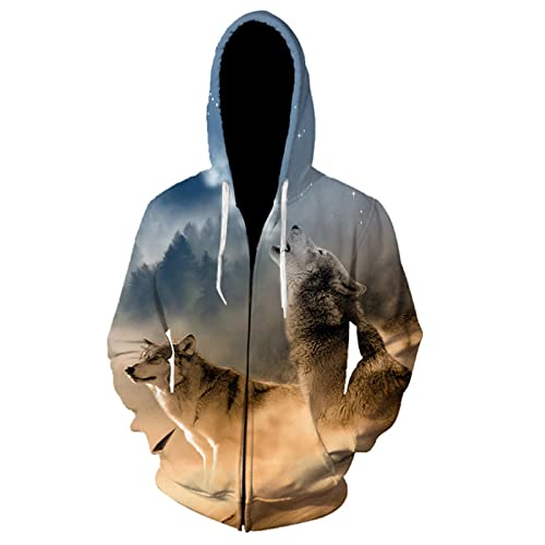 oneforus Herren Reißverschluss Sweatshirt 3D Print Tier Wolf Muster Reißverschluss Hoodies Lässige Langarm Strickjacke Jacke mit Taschen von oneforus