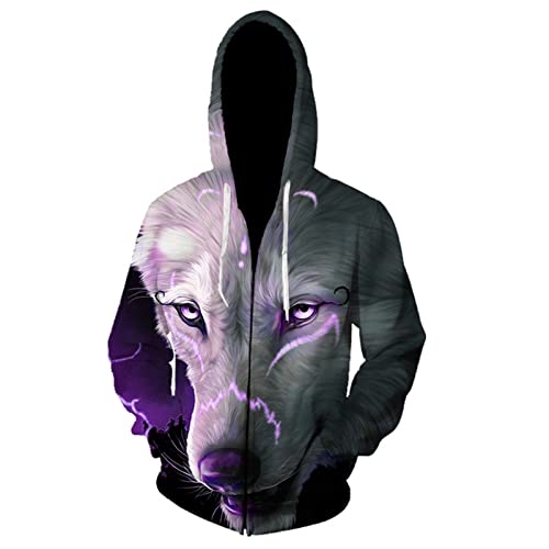 oneforus Herren Reißverschluss Sweatshirt 3D Print Tier Wolf Muster Reißverschluss Hoodies Lässige Langarm Strickjacke Jacke mit Taschen von oneforus