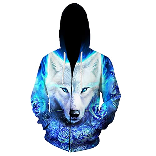 oneforus Herren Reißverschluss Sweatshirt 3D Print Tier Wolf Muster Reißverschluss Hoodies Lässige Langarm Strickjacke Jacke mit Taschen von oneforus