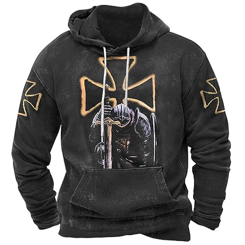oneforus Herren Tempelritter Kapuzenpullover Kreuzritter Krieger 3D gedruckte Kapuzenjacke Mantel Langarm Lässiges Sweatshirt mit Taschen von oneforus