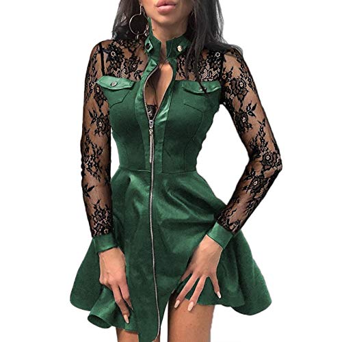 oneforus Sexy Lace Stitching Dress für Damen Stehkragen-Punk-Kleid mit Reißverschluss von oneforus