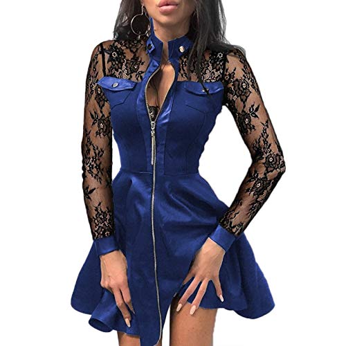 oneforus Sexy Lace Stitching Dress für Damen Stehkragen-Punk-Kleid mit Reißverschluss von oneforus