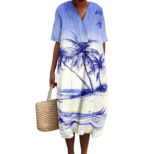oneforus Tropische Plam Bäume Meeresschildkröte 3D-gedruckte Damen Flowy Boho Kleider Maxikleid Freizeit Kurzarm V-Ausschnitt Sommer Pullover Kleid von oneforus