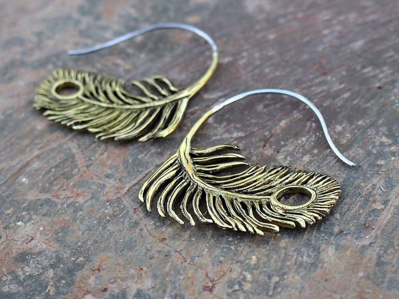 Messing & Silber Ohrringe - Handgefertigte Schmuck Pfau Feder Haken Leichte Stammes-Stil Tier Süße Messing & Silber Ohrringe - Handgefertigte Schmuck Pfau Feder Haken Leichte Stammes-Stil Tier Süße von onirikjewelry