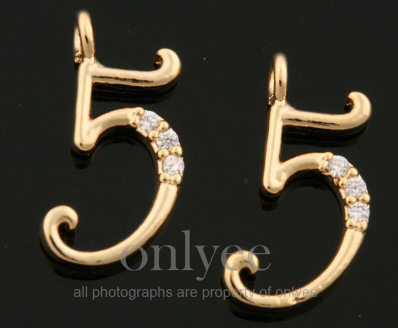 2 Stück-13mm X 6mm Hell Rose Gold Über Messing Einfache Zahlen Mit Zarten Cubics, Anhänger, Charme, Schmuck Versorgung, Fünf | K1434R-E von onlyee2