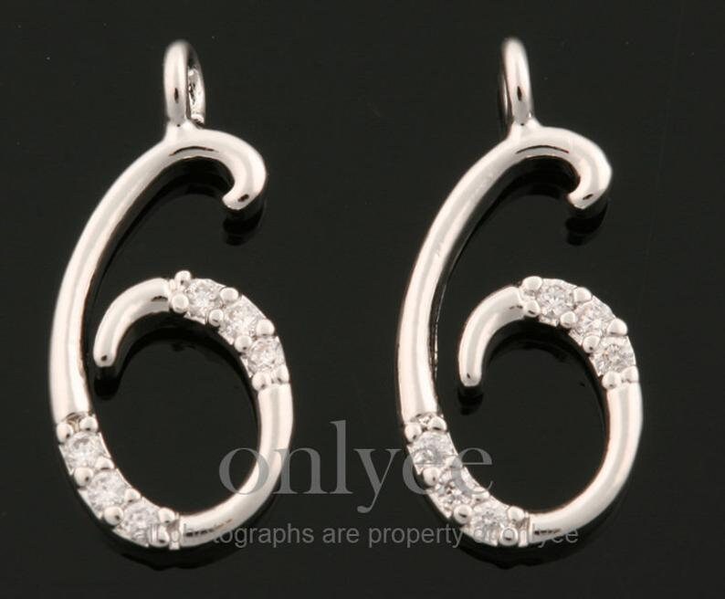 2 Stück-13mm X 6mm Helles Rhodium Über Messing Einfache Zahlen Mit Zarten Kubik, Anhänger, Charme, Schmuckzubehör, Sechs | K1434S-F von onlyee2