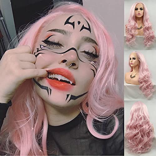 onlygirl New Hair Cherry Pink Romantische Frisur lang body Wave Hälfte Hand auf Haar für Party Baby Rosa Weiches Kunsthaar Spitze vorne Perücken natürlich aussehende Hitzebeständige Kunstfaser 61 cm von onlygirl