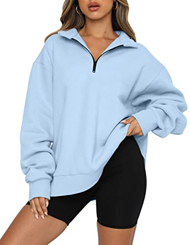 onlypuff Übergroßes Sweatshirt mit halbem Reißverschluss für Damen, Pullover, Fleece-gefüttert, Hoodies, Quater-Reißverschluss, trendig, Herbstmode, Teenager-Mädchen, B-baby blau, L von onlypuff