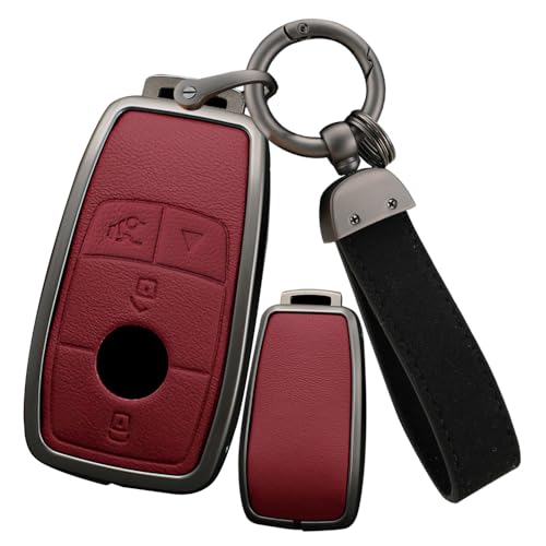 ontto Autoschlüssel Hülle Etui Passt für Mercedes-Benz A B C E G S Klass CLA CLS GLA GLB GLC GLE GLS EQA EQB Zinklegierung Leder Schutzhülle Schlüsselcover Schlüsselanhänger Zubehör-4 Tasten Rot von ontto