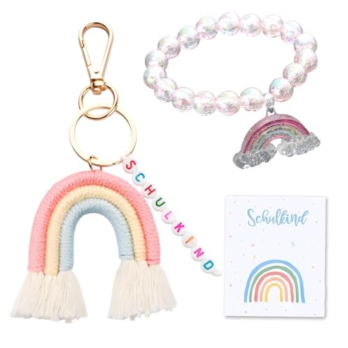 3 Stück Regenbogen Schlüsselanhänger, Schulkind Armband Mädchen Gewebte Regenbogen Anhänger Schultüte Füllung Schlüsselanhänger Schulkind Einschulungsgeschenke Mädchen Armband für Büchertaschen von oooaooo