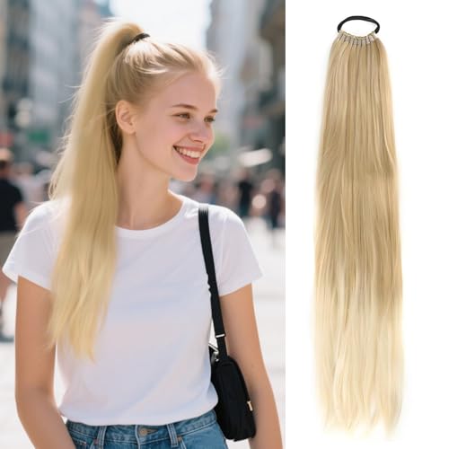 Ponytail Extensions Haarteile 60 cm, Pferdeschwanz Zopf Extension Kachi Beige Farbverläufe, Aussehen Natürlich Pferdeschwanz Haarteil für Damen und Mädchen Haarverlängerung Zopf von oooaooo