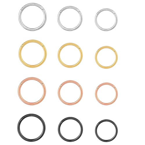 oooaooo 12 Stück Nasenpiercing Ring Set, Nasenring Gold Septum Piercing, Nostril Piercing Ring in Schwarz Gold Silber Roségold, 6mm 8mm 10mm für Damen Flexible Passform von oooaooo