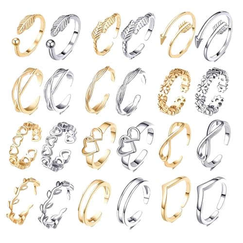 oooaooo 24 Stück Zehenring Silber Damen Gold Set, Zehenring Gold Fußring Offene Fussringe Zehring Zehenringe Damen Silber Zehenringe Verstellbare Toe Ring Schmuckset von oooaooo