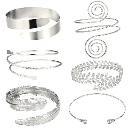 oooaooo 6 Stück Oberarmreif Silber Bangles, Armreif Oberarm Silber, Wickelarmband Damen, Verstellbar Boho Arm Cuff Silver Schmuck Set Oberarm Schmuck für Damen Mädchen für Die Tägliche Hochzeit von oooaooo
