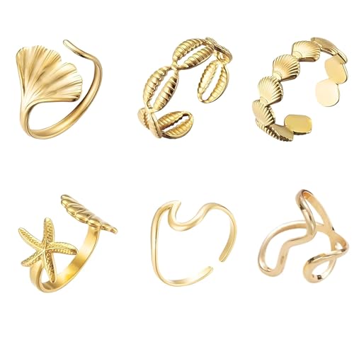 oooaooo 6 Stück Ringe Gold Set, Halb Offen Ring Gold Damen, Sommer Schmuck Damen, Wasserfester Schmuck Schön und Langlebig Geeignet für Dates Arbeit Reisen und den Täglichen Gebrauch von oooaooo
