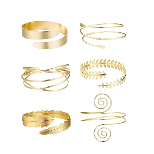oooaooo 6 Stücke Armreif Gold Oberarm, Oberarmreif Gold Set Verstellbaren Oberarm Schmuck Spiralarm Armband Swirl Arm Armreif Modeschmuck für Partys, Festivals Und Punkige Outfits von oooaooo
