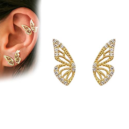 Half Butterfly Earrings, 925 Sterling Silver Butterfly CZ Stud Earrings, Butterfly Wing Earrings Tiny Butterfly Cartilage Stud Earrings for Women Girls (Gold) von oos