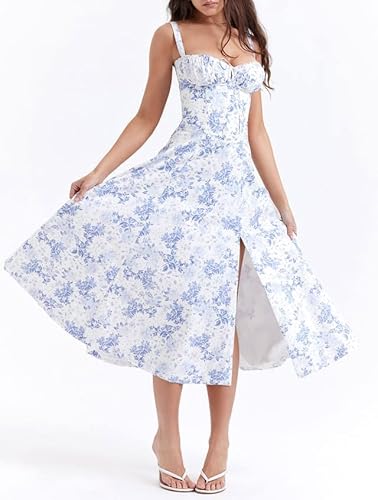 oos Print Bustier Sundress, Women's Sexy Slit Long Printed Dress Corset Dress for Women Summer Beach Strap Sundress (Blue Flower,M) von oos