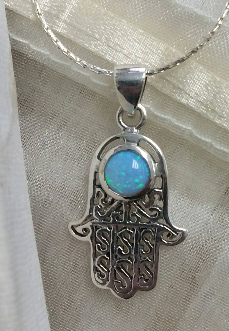 Filagree Stil Hamsa Mit Sterling Silber Anhänger Blau Opal Stein von opalsopals