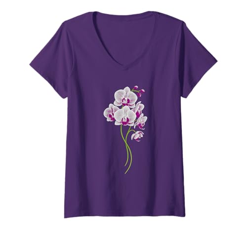 Damen Orchideenblume, Aubergine, Farbgrafik, Orchidee, Violett T-Shirt mit V-Ausschnitt Damen Orchideenblume, Aubergine, Farbgrafik, Orchidee, Violett T-Shirt mit V-Ausschnitt von orchid gift ideas for orchid lovers