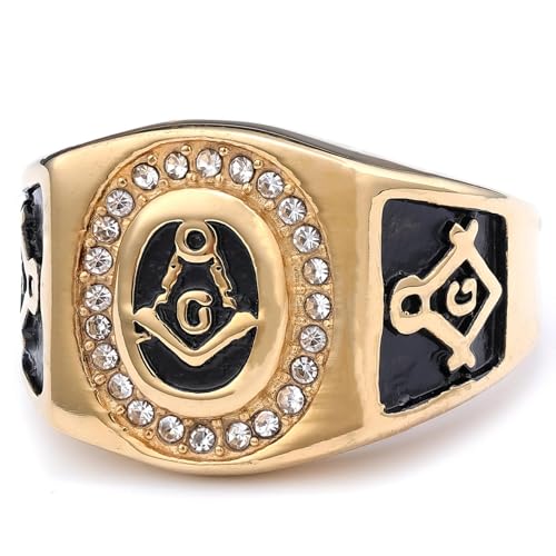orehugaf Ring Ringe Damen Bijouterie Herren Europäischer Und Amerikanischer Retro-Freimaurerring Mit Goldenem Edelstein Und Englischem Ag-Symbol, Herrenring, Punkt 13, Gold 14204 (Us-Größe) von orehugaf