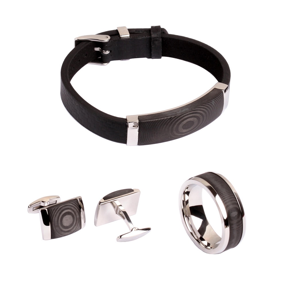 Echtes Schwarzes Leder Armband Edelstahl Stell Manschettenknöpfe Und Kohlefaser Ring Set Für Männer Schmuck Mit Schmuck-Box Die Weihnachtszeit von orienjewel