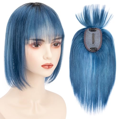Originea Echthaar Topper Für Frauen Dünner Werdendes Haar 130% Dichte Clip in Topper Echthaar Extensions 8x10cm Handgefertigt Toupet mit Spitzenfront (25cm, Blue#) von originea