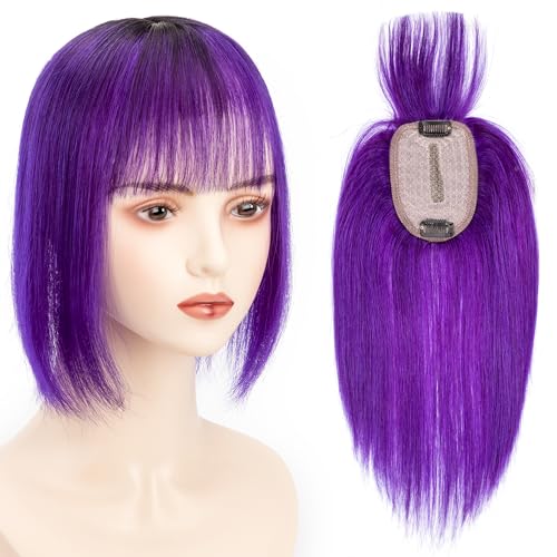 Originea Echthaar Topper Für Frauen Dünner Werdendes Haar 130% Dichte Clip in Topper Echthaar Extensions 8x10cm Handgefertigt Toupet mit Spitzenfront (25cm, Purple#) von originea