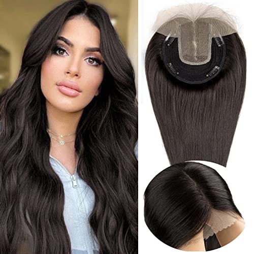 Originea Echthaar Topper Für Frauen Dünner Werdendes Haar 150% Dichte Clip in Topper Echthaar Extensions 14x15cm Mono Basis Handgefertigt Toupet mit Spitzenfront 30cm-70g #1B Natürliches Schwarz von originea
