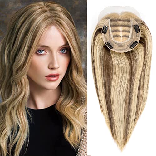 Originea Echthaar Topper Für Frauen Dünner Werdendes Haar 150% Dichte Clip in Topper Echthaar Extensions 14x15cm Mono Basis Handgefertigt Toupet mit Spitzenfront 30cm-70g #4/27 von originea