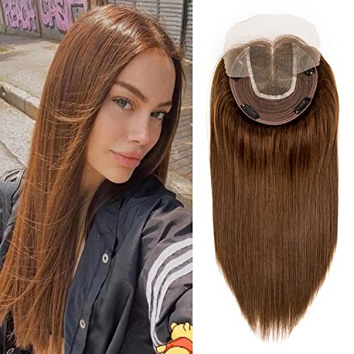 Originea Echthaar Topper Für Frauen Dünner Werdendes Haar 150% Dichte Clip in Topper Echthaar Extensions 14x15cm Mono Basis Handgefertigt Toupet mit Spitzenfront 30cm-70g #4 Mittelbraun von originea