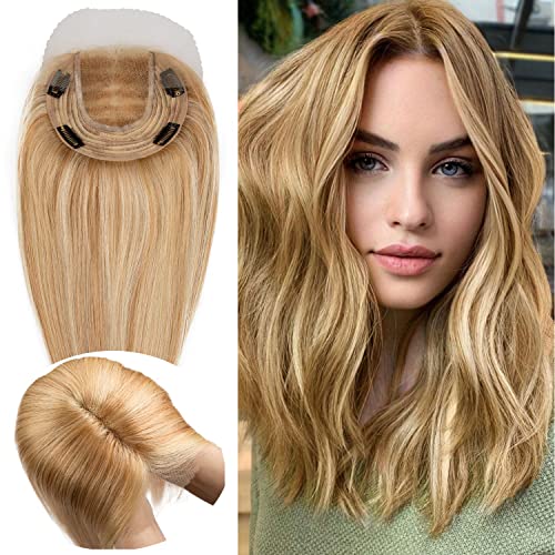 Originea Echthaar Topper Für Frauen Dünner Werdendes Haar 150% Dichte Clip in Topper Echthaar Extensions 14x15cm Mono Basis Handgefertigt Toupet mit Spitzenfront 30cm-70g #P18/613 von originea