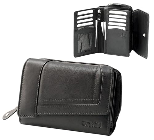 Damen Geldbörse schwarz Leder viele Fächer kompakt, Damen-Portemonnaie Leder schwarz mittelgroß, Damengeldbörse rot Portmonee Geldbeutel Geschenk Frauen von orso Bruno original