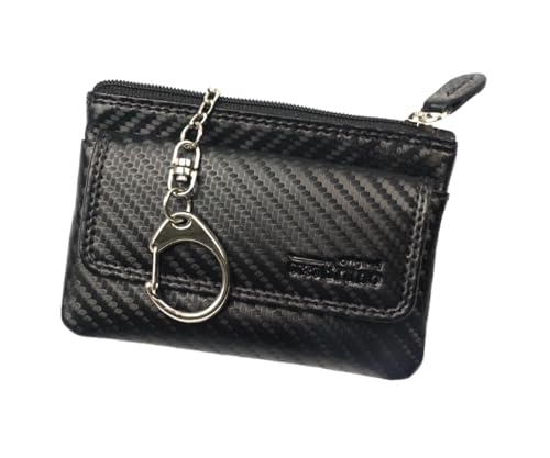 Schlüsseltasche Leder Carbon schwarz Schlüsseletui Leder Carbon Schlüsselmäppchen Damen und Herren Büffel schwarz + Karabiner und 2 Schlüsselringe + Münzfach von orso Bruno original