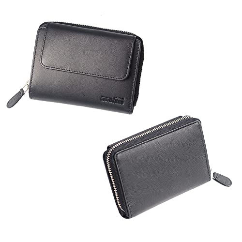 Damen Geldbörse schwarz Leder Damen-Portemonnaie Leder schwarz Damengeldbörse mittel-groß klein kompakt Echtleder mit sehr vielen Kartenfächern Damengeldbeutel schwarz von orso Bruno original
