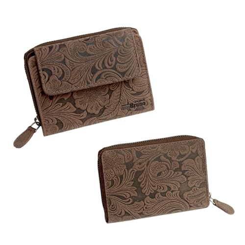 Geldbörse Damen Leder mittelgroß klein mit vielen Fächern Portemonnaie mittel Vintage braun Gemustert Damengeldbörse mittel Portmonee Frauen von orso Bruno original
