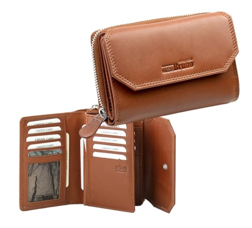 orso Bruno original Damen Geldbörse Cognac groß Leder Geldbeutel mittelgroß braun Damengeldbörse viele Fächer Portemonnaie Portmonee Damen Echtleder von orso Bruno original