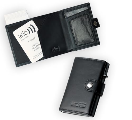 Minigeldbörse Leder Herren schwarz mit Alu Halterung, kleine Herren Mini Geldbörse, Mini-Geldbeutel Kartenetui Portemonnaie Portmonee Männer, Slim Wallet mit Münzfach RFID von orso Bruno original