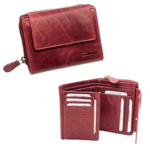 orso Bruno original Damen Geldbörse Echt Leder Rot Kompakt Mittelgroß Portemonnaie Damenbörse Damengeldbeutel mit 16 Kartenfächern, 6 Einsteckfächern, Münzfach und Einkaufswagenchipfach von orso Bruno original