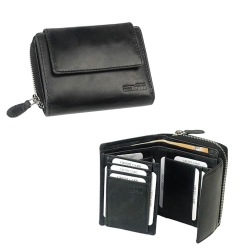 Geldbörse Damen Echt Leder Damen Portemonnaie schwarz Damengeldbörse mittelgroß kompakt klein Damenbörse Frauen Geldbeutel von orso Bruno original