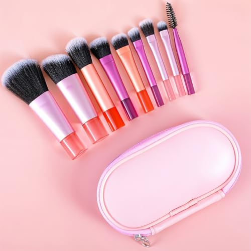 Oruola 10 Stück Make Up Pinsel Set,Reise Pinselset Makeup Mini mit Tragbar Pinseltasche Make Up Rosa,Bunte Makeup Brushes Set für Grundierungspinsel Rouge Puder Lidschatten von oruola