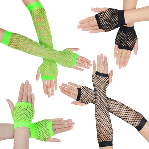 Oruola 4 Paar Netzhandschuhe Schwarz,Mesh Gloves,Netzhandschuhe,Spitzen Handschuhe,Mesh Fishnet Handschuhe für 80er Jahre Kostüm,Mottoparty,Halloween,Damen und Mädchen(Lange,Kurze) von oruola
