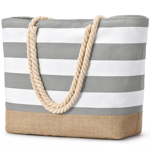 oscaurt Strandtasche XXL Familie Shopper Tasche Damen Badetasche Wasserdicht Umhängetasche Beach Tote Bag mit Reißverschluss Faltbare Reisetasche Sporttasche Travel Bag (Hellgrau) von oscaurt